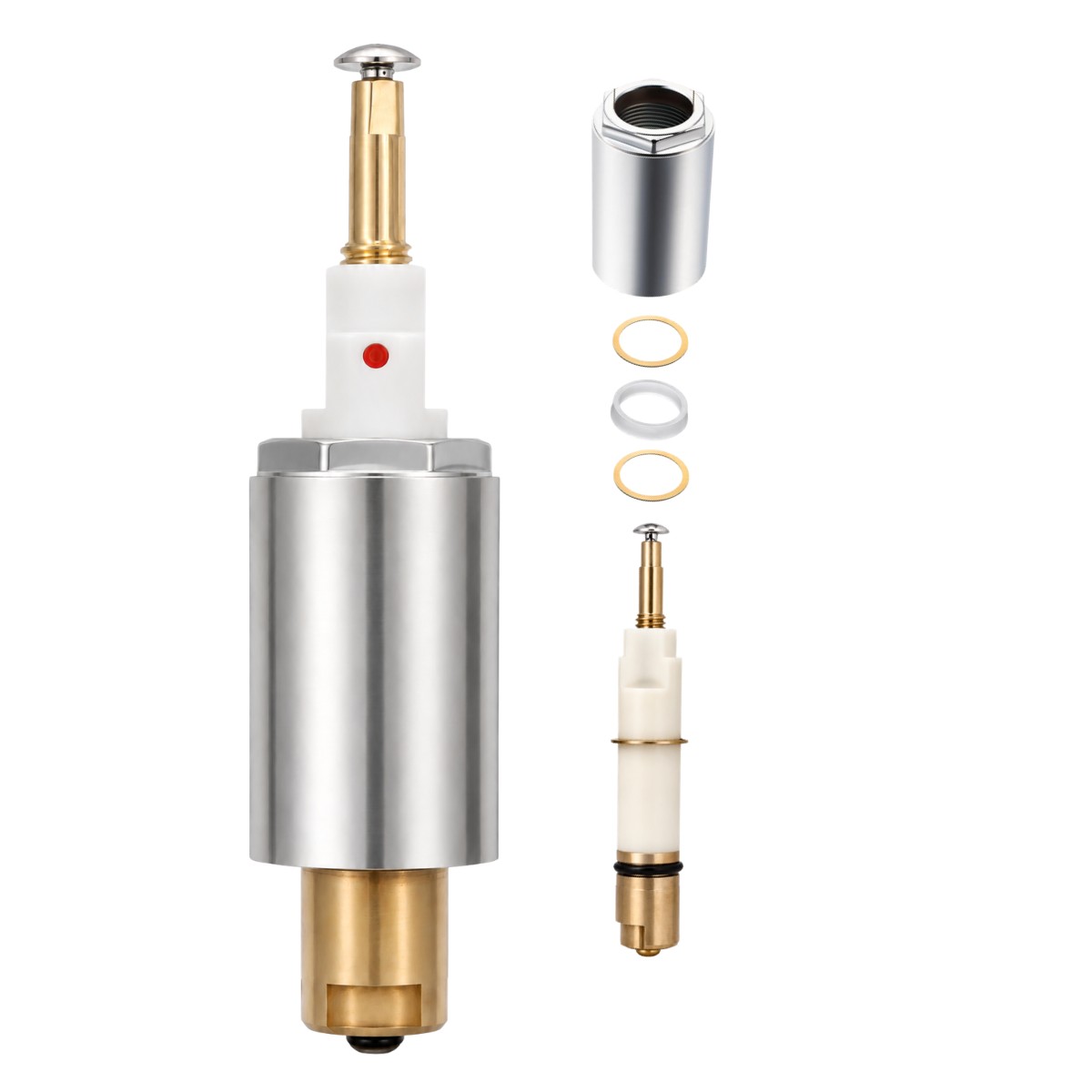 FourHome Replacement Cartridge for Mixet MS-5AT-C single-handle tub and shower with brass stem, polymer body, chrome-plated sleeve, and retainer nut
