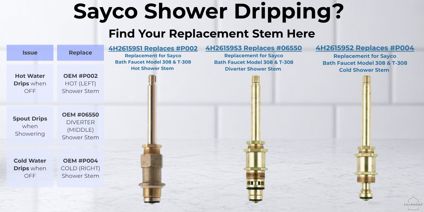 Three Sayco shower stem replacements side by side: 4H2615951 hot stem replaces OEM P002, 4H2615953 diverter stem replaces OEM 06550, and 4H2615952 cold stem replaces OEM P004